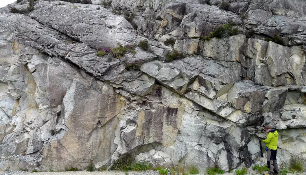 Nå har norske forskere funnet en ny metode for å tidfeste når bevegelser i jordskorpen først oppsto. Bildet viser geolog Giulio Viola som kartlegger og tar prøver fra en sprø forkastningssone på Bømlo i Hordaland. (Foto: Thomas Scheiber, NGU)