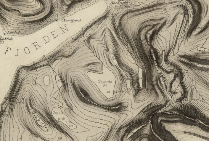 Utsnitt fra løytnant Hansens kart fra 1876 som gir et mye bedre bilde av høydeforskjellene. (Foto: (Kart: Kartverket)) Utsnitt fra løytnant Hansens kart fra 1876 som gir et mye bedre bilde av høydeforskjellene. (Foto: (Kart: Kartverket))