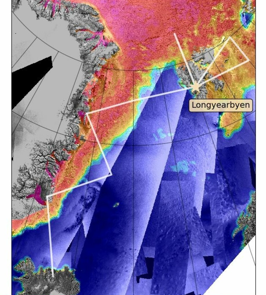 Kartet viser den planlagte flyruten for kampanjen fra Island til Svalbard via Grønland. Bakgrunnsfargene er laget av forskjellige satellittbilder. Havet er blått og isen er rød. (Bilde: www.seaice.dk, Technical University i Danmark)