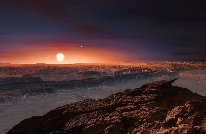 Planeten Proxima b, slik kunstneren tenker seg den. På himmelen lyser den røde dvergstjernen Proxima Centauri rødblekt, mens det andre paret i trippelstjernen, Alpha Centauri AB skimtes til høyre ovenfor. (Foto: (Illustrasjon: ESO/M. Kornmesser)) Planeten Proxima b, slik kunstneren tenker seg den. På himmelen lyser den røde dvergstjernen Proxima Centauri rødblekt, mens det andre paret i trippelstjernen, Alpha Centauri AB skimtes til høyre ovenfor. (Foto: (Illustrasjon: ESO/M. Kornmesser))