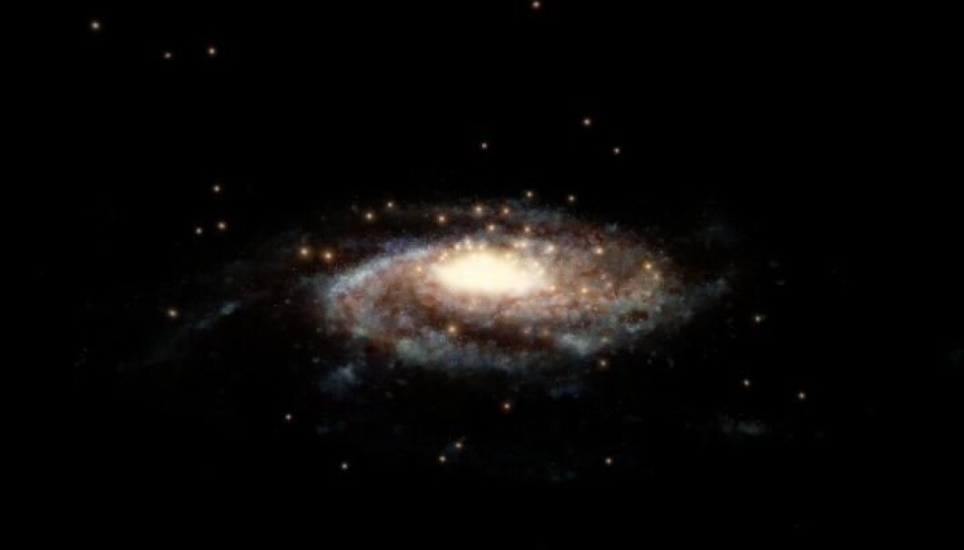 Kulehopene i Melkeveien kan gi oss et mål på hvor mye masse det finnes i galaksen. (Illustrasjon: ESA/Hubble, NASA, L. Calçada) Kulehopene i Melkeveien kan gi oss et mål på hvor mye masse det finnes i galaksen. (Illustrasjon: ESA/Hubble, NASA, L. Calçada)