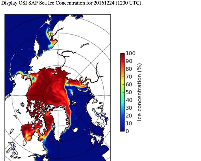 Sjøisen trives mye bedre på den kanadiske siden enn rundt Svalbard og Franz Josef Land denne jula. (Bilde: EUMETSAT osisaf.met.no) Sjøisen trives mye bedre på den kanadiske siden enn rundt Svalbard og Franz Josef Land denne jula. (Bilde: EUMETSAT osisaf.met.no)