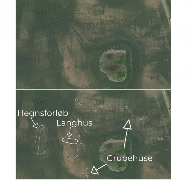 Nyoppdagede spor av hus fra en vikingboplass på Vest-Sjælland. (Foto: Google Earth/Anne Sophie Thingsted) Nyoppdagede spor av hus fra en vikingboplass på Vest-Sjælland. (Foto: Google Earth/Anne Sophie Thingsted)