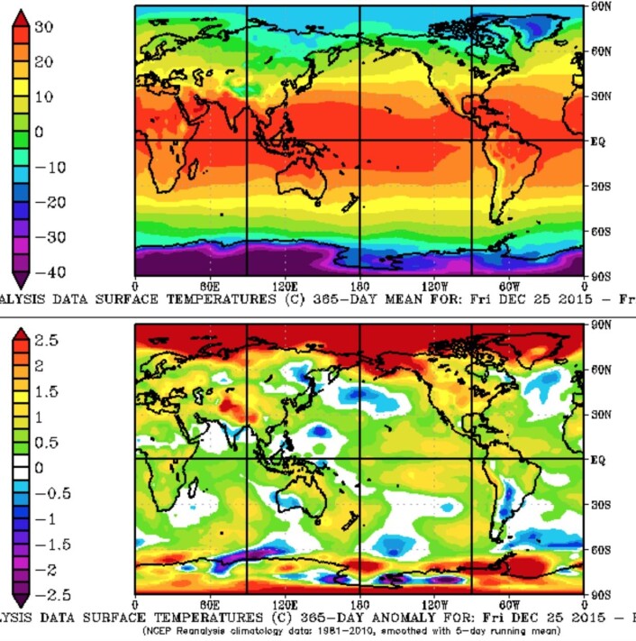 365 dagers reanalyse for temperatur (øverst) og temperatur-anomali (nederst) for perioden fra første juledag i fjor til årets jul. (Bilde: NOAA) 365 dagers reanalyse for temperatur (øverst) og temperatur-anomali (nederst) for perioden fra første juledag i fjor til årets jul. (Bilde: NOAA)