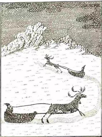 «Samer med kjørerein». Forestillingen om at julenissen bruker reinsdyr foran sleden har tilknytning til samisk historie. (Foto: (Illustrasjon: kopperstikk gjengitt i Knud Leems og Eric-Johan Jessens-Schardebølls verk om samene fra 1767))