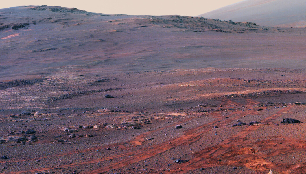 Et utsnitt av Opportunitys panorama. I bakgrunnen ser du kanten på Endeavor-krateret reise seg mot himmelen. I forgrunnen, roverens siste spor. (Foto: NASA) Et utsnitt av Opportunitys panorama. I bakgrunnen ser du kanten på Endeavor-krateret reise seg mot himmelen. I forgrunnen, roverens siste spor. (Foto: NASA)