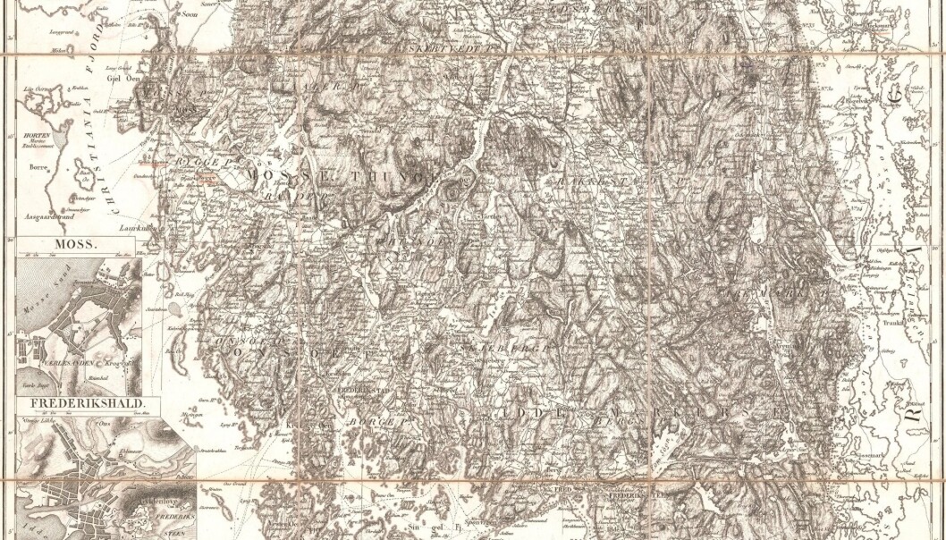Kapteinene Gerhard Munthe og Niels Arentz Ramm var hovedmennene bak Norges første amtskart. (Kart: Kartverket) Kapteinene Gerhard Munthe og Niels Arentz Ramm var hovedmennene bak Norges første amtskart. (Kart: Kartverket)