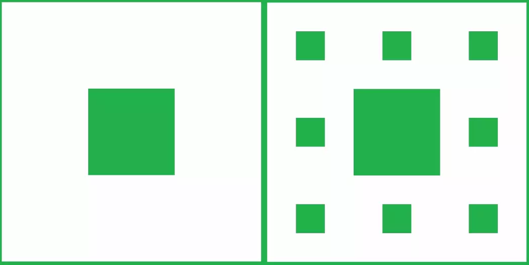 Første og andre nivå i det uendelige arbeidet med å lage et Sierpinski-teppe. (Illustrasjoner: Johannes Rössel, Wikimedia Commons. Montasje: Eivind Torgersen)