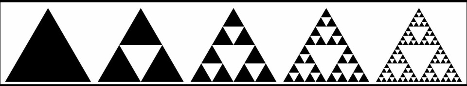 Først ut var trekanten. Vi fjerner en trekant i midten. Så fjerner vi en trekant i midten av de tre gjenværende svarte trekantene. Så fjerner vi en trekant i midten av de ni gjenværende svarte trekantene. Og så videre. (Foto: (Illustrasjon: Wereon, Wikimedia Commons))