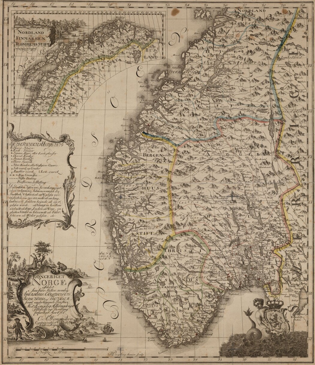 Slik tegnet Ove Andreas Wangensteen Norge i 1761. (Kart: Kartverket) Slik tegnet Ove Andreas Wangensteen Norge i 1761. (Kart: Kartverket)