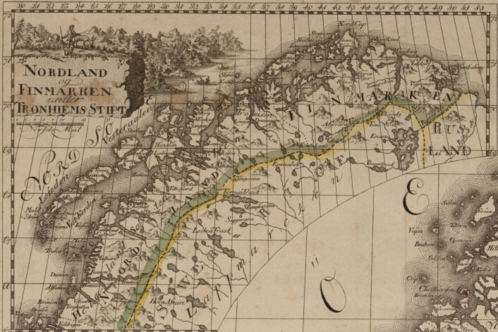 «Nordland og Finmarken under Trondiems Stift.» Legg også merke til jegeren og bjørnen oppe til venstre. Og fiskerne utenfor Tromsen. (Foto: (Kilde: Kartverket)) «Nordland og Finmarken under Trondiems Stift.» Legg også merke til jegeren og bjørnen oppe til venstre. Og fiskerne utenfor Tromsen. (Foto: (Kilde: Kartverket))