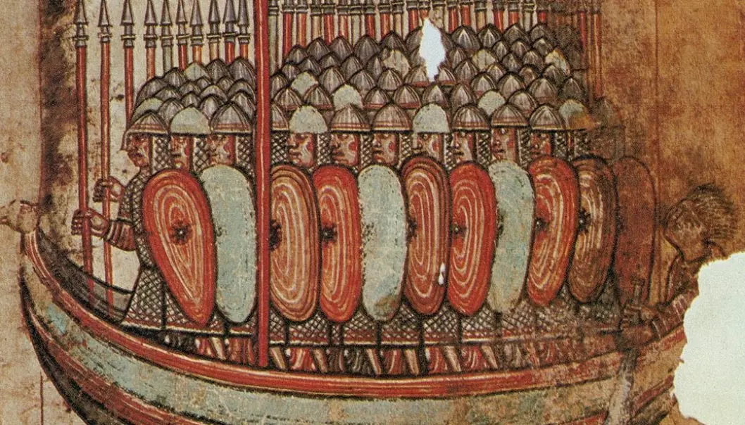 Vikinger som invaderer Bretagne i 919 e.Kr. Tegningen er fra et fransk manuskript fra rundt år 1100.  (Bilde: The Granger collection/NTB Scanpix)