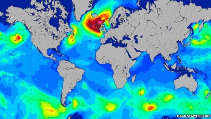 Rekordbølgene ble denne gangen registrert etter at en svært kraftig kaldfront hadde passert det samme området i Nord-Atlanteren. (Foto: (Bilde: WMO)) Rekordbølgene ble denne gangen registrert etter at en svært kraftig kaldfront hadde passert det samme området i Nord-Atlanteren. (Foto: (Bilde: WMO))