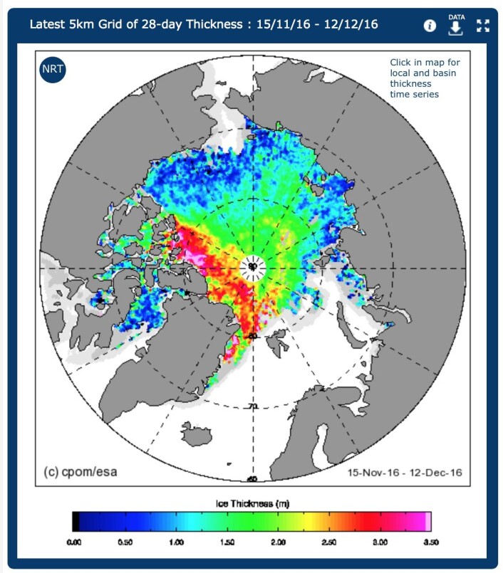 ESAs CryoSat måler istykkelse nøyaktig rett under satellitten. Men man må måle over flere uker for å få dekket hele Polhavet, så dette er ikke et øyeblikksbilde. (Bilde: CPOM/ESA) ESAs CryoSat måler istykkelse nøyaktig rett under satellitten. Men man må måle over flere uker for å få dekket hele Polhavet, så dette er ikke et øyeblikksbilde. (Bilde: CPOM/ESA)
