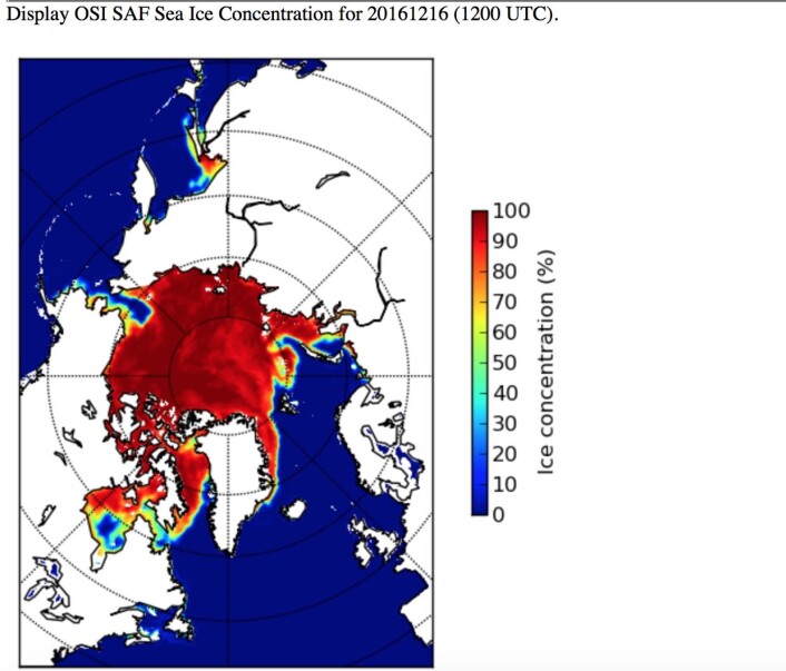 Dagens iskart fra EUMETSAT. (Bilde: EUMETSAT osisaf.met.no) Dagens iskart fra EUMETSAT. (Bilde: EUMETSAT osisaf.met.no)