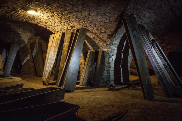 Krypten i Vilnius. Flere lik har blitt naturlig mumifisert her. (Foto: Kiril Cachovski of the Lithuanian Mummy Project, 2015) Krypten i Vilnius. Flere lik har blitt naturlig mumifisert her. (Foto: Kiril Cachovski of the Lithuanian Mummy Project, 2015)