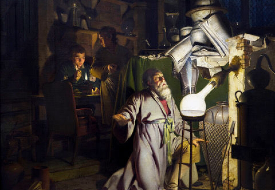 (Maleri: En alkymist i søken etter filosofens stein, av Joseph Wright, 1771) (Maleri: En alkymist i søken etter filosofens stein, av Joseph Wright, 1771)