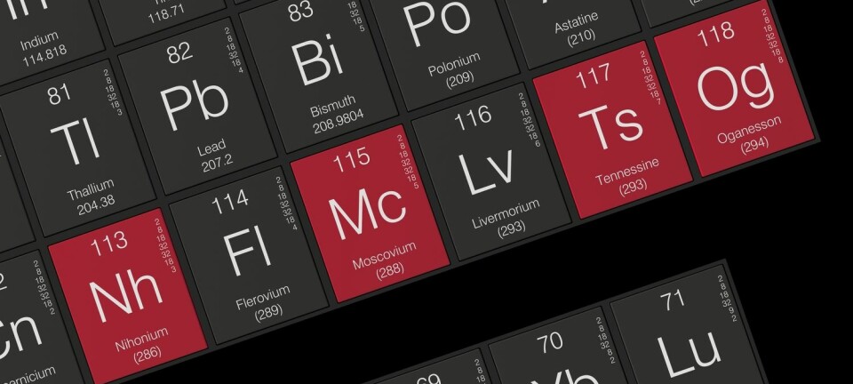 Nihonium 113, moscovium 115, tenness 115 og oganesso 118 er nå på plass i det periodiske system. (Illustrasjon: Credit: concept w / Shutterstock / NTB scanpix)