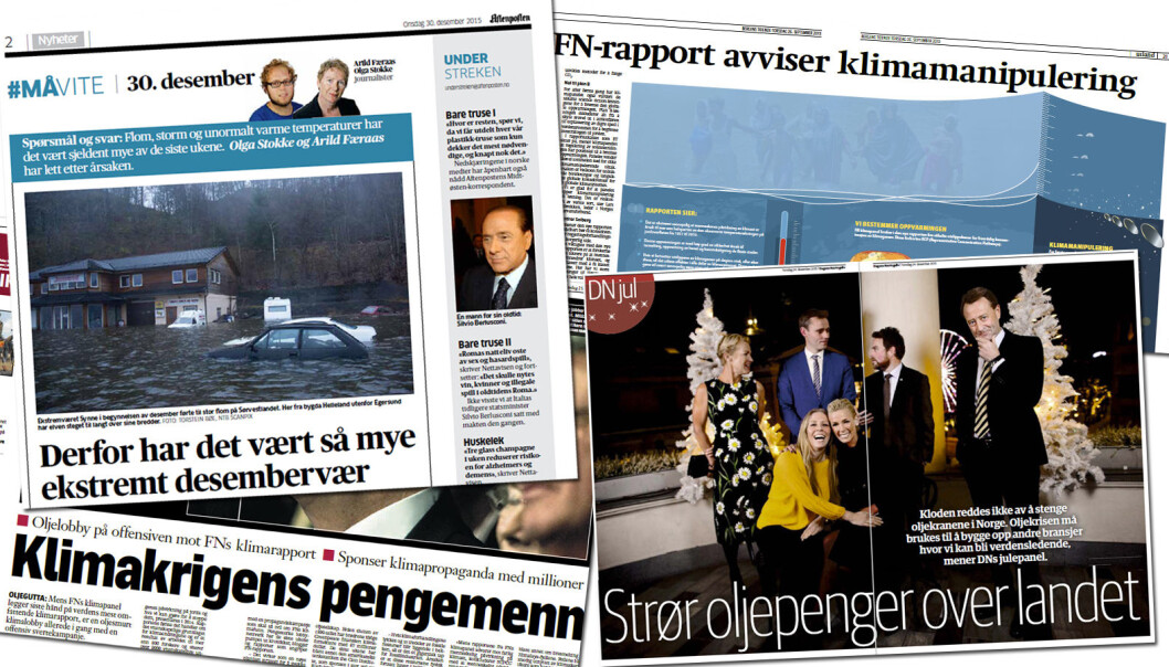 Slik ser det ut når norske aviser skriver om klima i nyere tid. (Faksimile fra Aftenposten, DN, Klassekampen og BT: forskning.no) Slik ser det ut når norske aviser skriver om klima i nyere tid. (Faksimile fra Aftenposten, DN, Klassekampen og BT: forskning.no)
