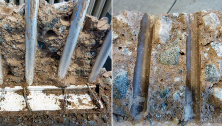 Halvparten av sementen i den nye betongtypen er erstattet med varmebehandlet leire. Til venstre ser vi aluminiumsarmering uten tegn til korrosjon. Til høyre ser vi avtrykk i armert betong – etter 40 dagers hedring under fuktige forhold. (Foto: Hydro) Halvparten av sementen i den nye betongtypen er erstattet med varmebehandlet leire. Til venstre ser vi aluminiumsarmering uten tegn til korrosjon. Til høyre ser vi avtrykk i armert betong – etter 40 dagers hedring under fuktige forhold. (Foto: Hydro)