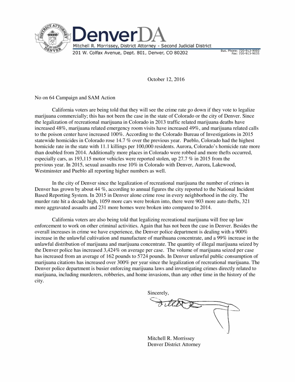 Brevet fra statsadvokaten i Denver til borgergrupper i California. Trykk på bildet for å se det i større versjon.
