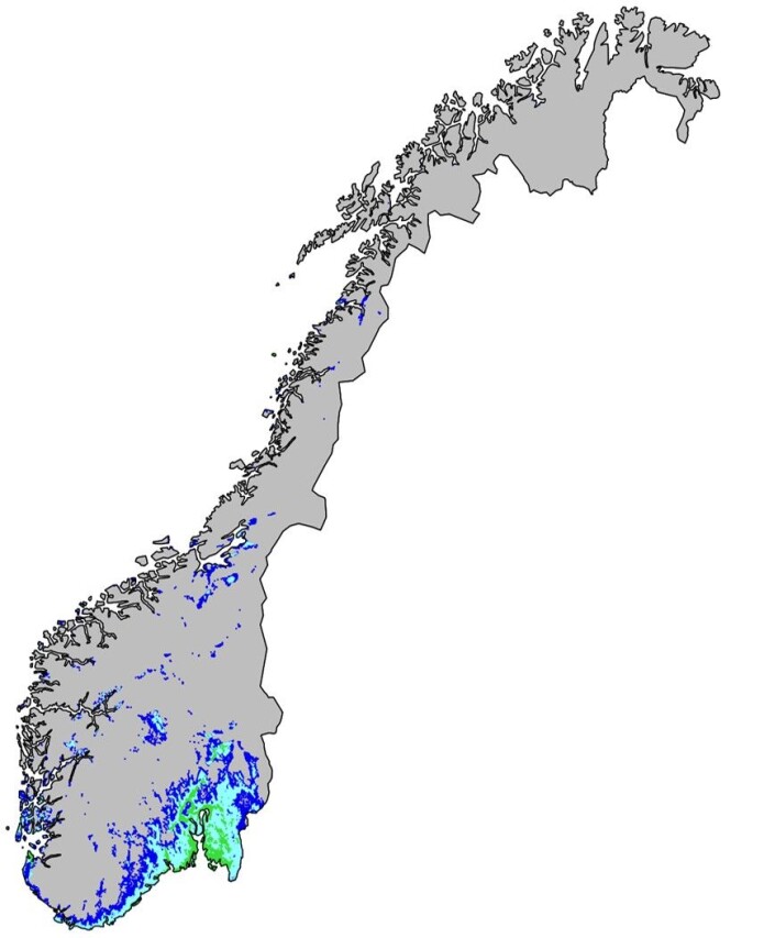 Hotspots for truede arter. Topp 10 %, 5 % og 1 % av områdene med høyest modellert forekomst av truede arter vises i henholdsvis mørkeblått, lyseblått og grønt. Kartet er hentet fra NINA-rapport 1572. Hotspots for truede arter. Topp 10 %, 5 % og 1 % av områdene med høyest modellert forekomst av truede arter vises i henholdsvis mørkeblått, lyseblått og grønt. Kartet er hentet fra NINA-rapport 1572.