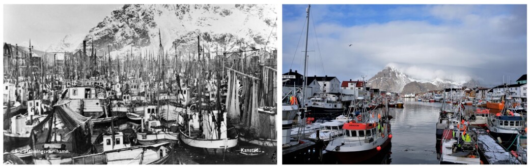 Henningsvær havn 1951 (Foto: Kanstad) og Henningsvær havn i dag 2019 (Foto: Ann E. Lennert) Henningsvær havn 1951 (Foto: Kanstad) og Henningsvær havn i dag 2019 (Foto: Ann E. Lennert)