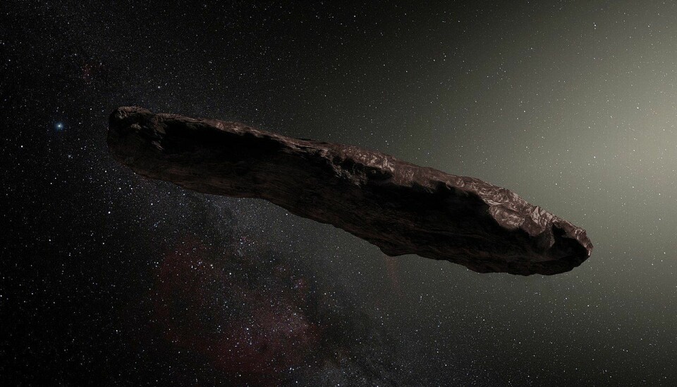 En illustrasjon som viser hvordan 'Oumuamua kan se ut, hvis det faktisk er en asteroide eller komet. Det har ikke blitt tatt noen nærbilder av et mystiske objektet, så ingen vet hvordan det ser ut. (Bilde: ESO/M. Kornmesser)