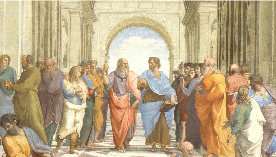 Går vi glipp av en ny Platon (i midten til venstre) eller Aristoteles (t.h.), med dagens akademiske sjangerkrav? Dette er et utsnitt av en freske kalt Skolen i Athen, malt av kunstneren Rafael. Den er utstilt i Vatikanpalasset i Roma. (Foto: vatican.va)
