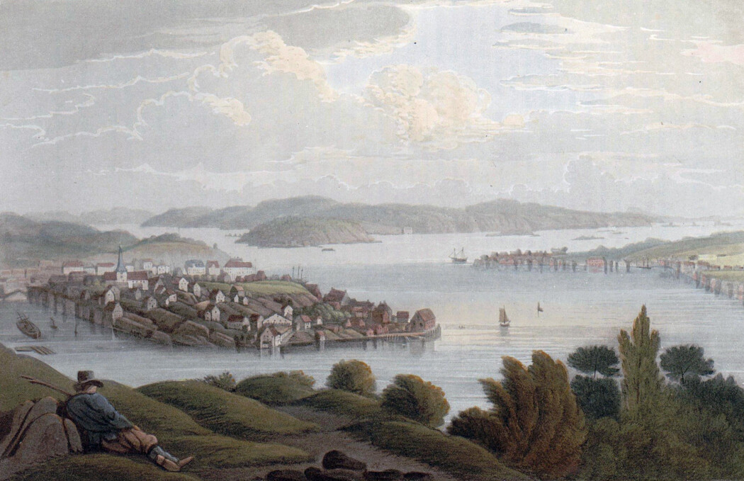 – Du kan spasere gjennom Arendal på eit kvarter, og det er eit mirakel at denne vesle byen vart eit økonomisk kraftsenter og den største sjøfartsbyen her i landet, seier professor. (Illustrasjon: John William Edy i Boydell's picturesque scenery of Norway i Nationalbibliotekets samling) – Du kan spasere gjennom Arendal på eit kvarter, og det er eit mirakel at denne vesle byen vart eit økonomisk kraftsenter og den største sjøfartsbyen her i landet, seier professor. (Illustrasjon: John William Edy i Boydell's picturesque scenery of Norway i Nationalbibliotekets samling)