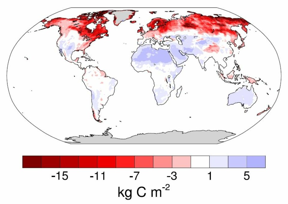 Kart over jordbunnens forventede tap (rød) og økning (blå) av CO₂ i år 2050. Det største tapet er i den arktiske og subarktiske regionen (mørkerød). Største utslipp er i den arktiske og subarktiske jordbunnen (rød skravering). Noen steder forekommer CO₂-avgivelsen i landbruksjord. Det kan reduseres gjennom endrede landbruksmetoder. Men store deler er i tynt befolkede eller ubebodde områder med permafrost og skog. (Foto: Crowther et al 2016/Nature.)