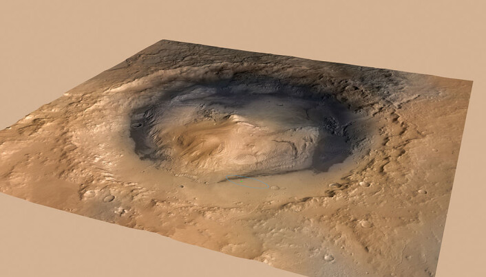 Hele Gale-krateret, som er 154 km i diameter. I midten er fjellet Aeolis Mons. (Bilde: NASA/JPL) Hele Gale-krateret, som er 154 km i diameter. I midten er fjellet Aeolis Mons. (Bilde: NASA/JPL)