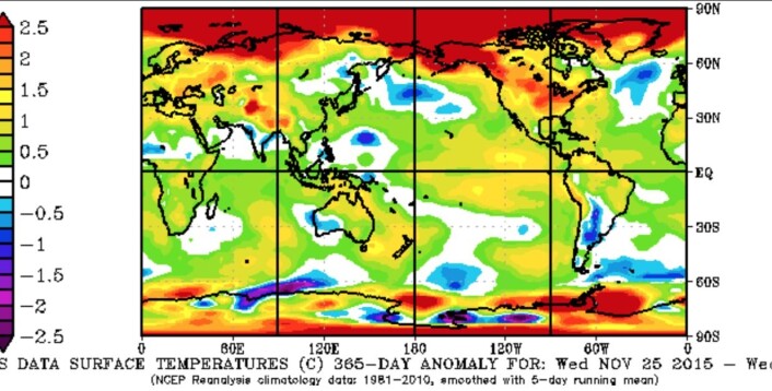 Temperaturavviket fra normalen for de siste 365 døgn (25 nov 2015 - 25 nov 2016). (Bilde: NOAA) Temperaturavviket fra normalen for de siste 365 døgn (25 nov 2015 - 25 nov 2016). (Bilde: NOAA)