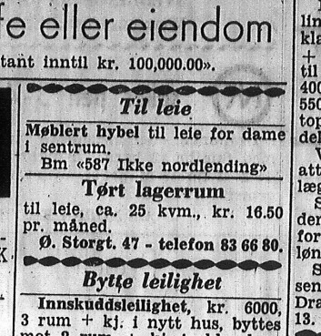 Det kunne være vanskelig for nordlendinger å finne bolig i Oslo. Her er en boligannonse fra Drammens Tidende 1. mars 1960. (Foto: Drammens Tidende) Det kunne være vanskelig for nordlendinger å finne bolig i Oslo. Her er en boligannonse fra Drammens Tidende 1. mars 1960. (Foto: Drammens Tidende)