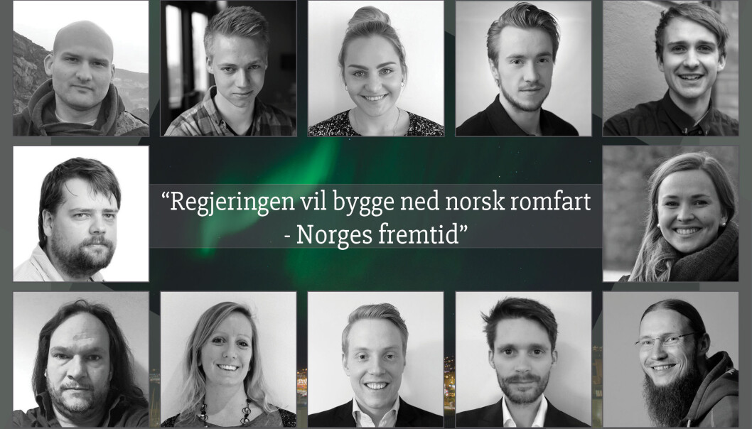 Unge teknologer er bekymret for regjeringens romfartskutt. Fra øverst til venstre: Tom Andre Nordheim, Petter Evju, Maria Elisabeth Brøndelsbo Råken, Fredrik Bendz Arrestad, Per Høyland, Roger Birkeland, Frida Vestnes, Are Vidar Boye Hansen, Christina Aas, Eirik Kommedal, Øystein Risan Borgersen og Øystein Grøndahl. (Grafikk: Frida Vestnes) Unge teknologer er bekymret for regjeringens romfartskutt. Fra øverst til venstre: Tom Andre Nordheim, Petter Evju, Maria Elisabeth Brøndelsbo Råken, Fredrik Bendz Arrestad, Per Høyland, Roger Birkeland, Frida Vestnes, Are Vidar Boye Hansen, Christina Aas, Eirik Kommedal, Øystein Risan Borgersen og Øystein Grøndahl. (Grafikk: Frida Vestnes)