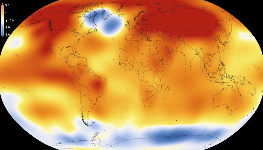 Den såkalte kuldeboblen er synlig på NASAs globale temperaturmålinger for 2015, det varmeste året siden 1880. Irmingerhavet ligger sør for Grønland (Foto: NASA) Den såkalte kuldeboblen er synlig på NASAs globale temperaturmålinger for 2015, det varmeste året siden 1880. Irmingerhavet ligger sør for Grønland (Foto: NASA)