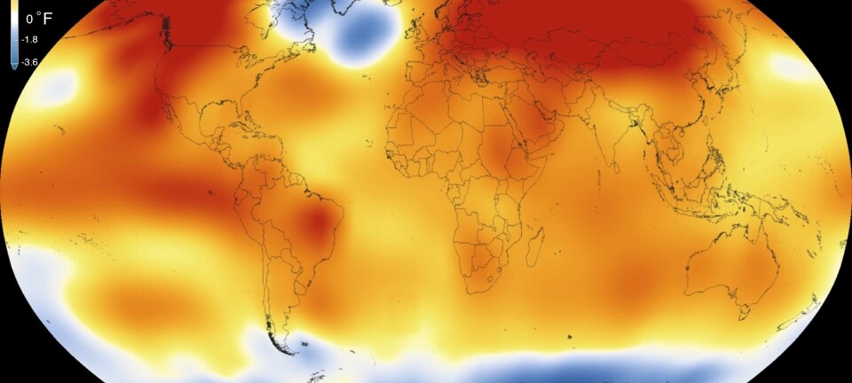 Den såkalte kuldeboblen er synlig på NASAs globale temperaturmålinger for 2015, det varmeste året siden 1880. Irmingerhavet ligger sør for Grønland (Foto: NASA)