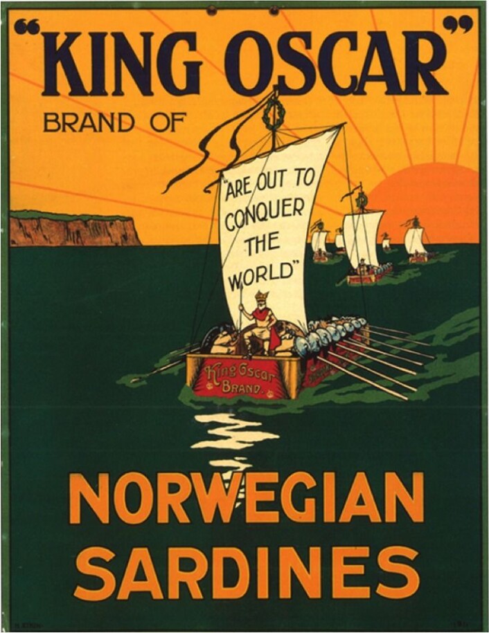 Reklameplakat for "King Oscar" sardiner Foto: MUST/Norsk hermetikkmuseum Reklameplakat for "King Oscar" sardiner Foto: MUST/Norsk hermetikkmuseum