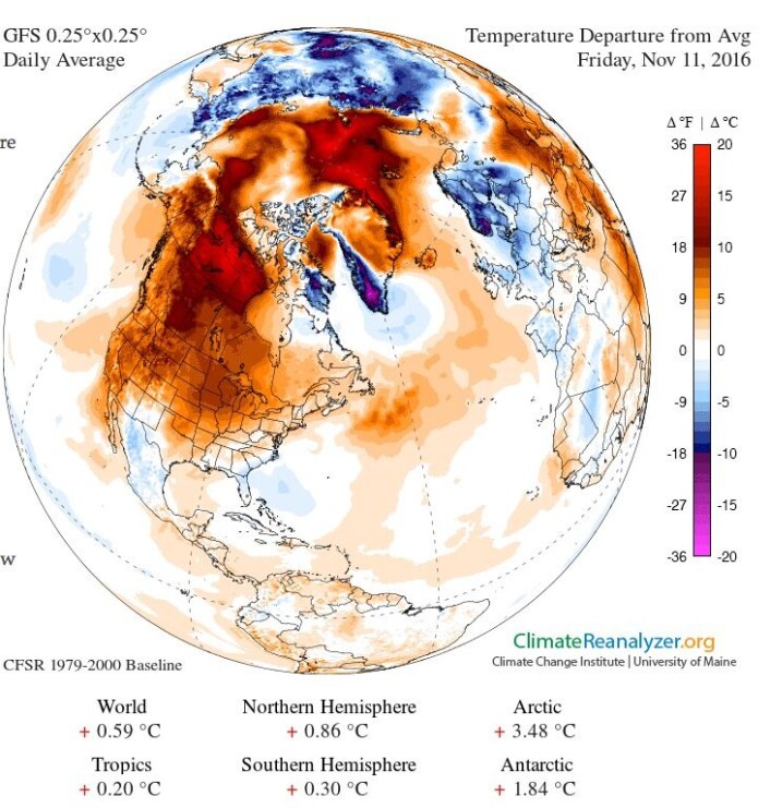 11 november: Kaldt i Norge, men varmt i verden. Og på Svalbard. (Bilde: Univ. Maine) 11 november: Kaldt i Norge, men varmt i verden. Og på Svalbard. (Bilde: Univ. Maine)