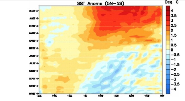 Overflatetemperatur-historien for ekvatorbeltet i Stillehavet. (Bilde: NOAA) Overflatetemperatur-historien for ekvatorbeltet i Stillehavet. (Bilde: NOAA)