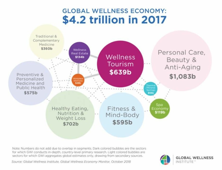 Ifølge Global Wellness Institute hadde industrien i 2017 en global omsetning på 4,2 tusen milliarder dollar. (Grafikk: Global Wellness Institute)