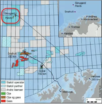 Oljefeltet Johan Castberg 240 km nord for Hammerfest er verdenes nordligste oljefelt. Det består av funnene Skrugard, Havis og Drivis og planlegges satt i produksjon i 2022. (foto: Statoil)