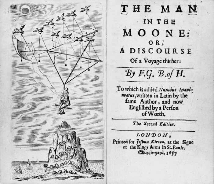 Andre utgave av Man in the Moone fra 1657 var illustrert, og her kan vi se hvordan Gonsales ble fraktet til månen. (Foto: Houghton Library) Andre utgave av Man in the Moone fra 1657 var illustrert, og her kan vi se hvordan Gonsales ble fraktet til månen. (Foto: Houghton Library)