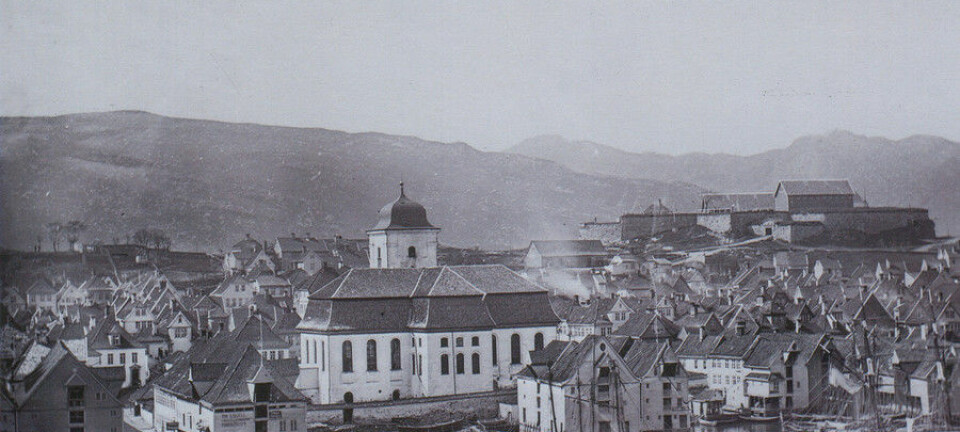 Bilde frå Bergen i slutten av 1860-åra. (Foto: K. Knudsen, Billedsamlinga, UB Bergen.)