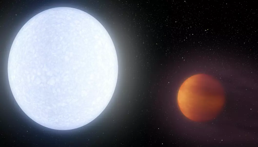 Forskerne har oppdaget en supervarm planet, het det i nyhetssaken vi brakte på forskning.no. Og den var illustrert slik. Dette er altså en tegning laget på anvisning av forskernes målinger og utregninger. (Illustrasjon: NASA/JPL-Caltech/R. Hurt/IPAC)