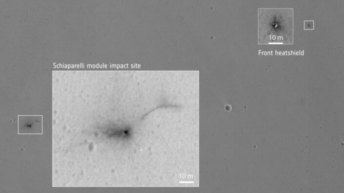 De triste restene etter crash-landingen på Mars, sett fra NASAs MRO. (Bilde: NASA/JPL-Caltech/University of Arizona) De triste restene etter crash-landingen på Mars, sett fra NASAs MRO. (Bilde: NASA/JPL-Caltech/University of Arizona)
