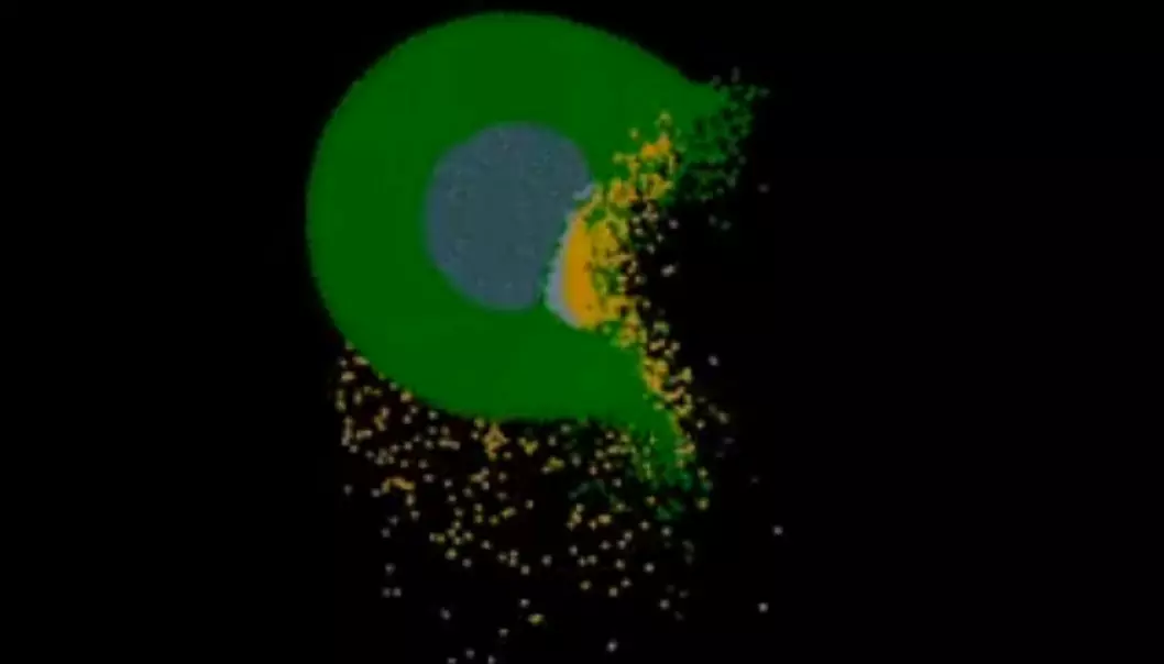 12 minutter etter katastrofen: En planet på størrelse med Mars – kalt Theia – har slått rett inn i den unge jordkloden for 4,5 milliarder år siden. Store deler av de to klodene fordamper, og jordaksen vris sidelengs mens en sky av gass rundt etter hvert samler seg og blir til månen. En ny og mer voldsom teori for hvordan månen oppstod er publisert av amerikanske forskere i tidsskriftet Nature. (Bilde: Fra video av Sarah Stewart-Mukhopadhyay på YouTube. Videoen er lenket lenger ned i artikkelen.)