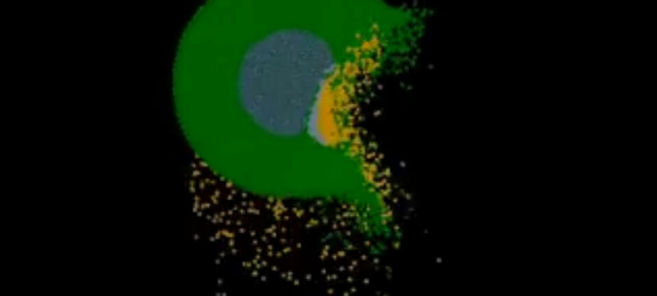 12 minutter etter katastrofen: En planet på størrelse med Mars – kalt Theia – har slått rett inn i den unge jordkloden for 4,5 milliarder år siden. Store deler av de to klodene fordamper, og jordaksen vris sidelengs mens en sky av gass rundt etter hvert samler seg og blir til månen. En ny og mer voldsom teori for hvordan månen oppstod er publisert av amerikanske forskere i tidsskriftet Nature. (Bilde: Fra video av Sarah Stewart-Mukhopadhyay på YouTube. Videoen er lenket lenger ned i artikkelen.)