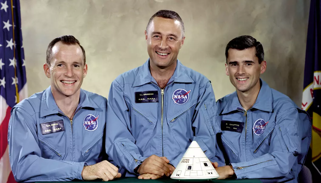 Mannskapet på Apollo 1 som døde i den tragiske ulykken. Fra venstre: Ed White, Virgil "Gus" Grissom og Roger Chaffee. (Foto: NASA)