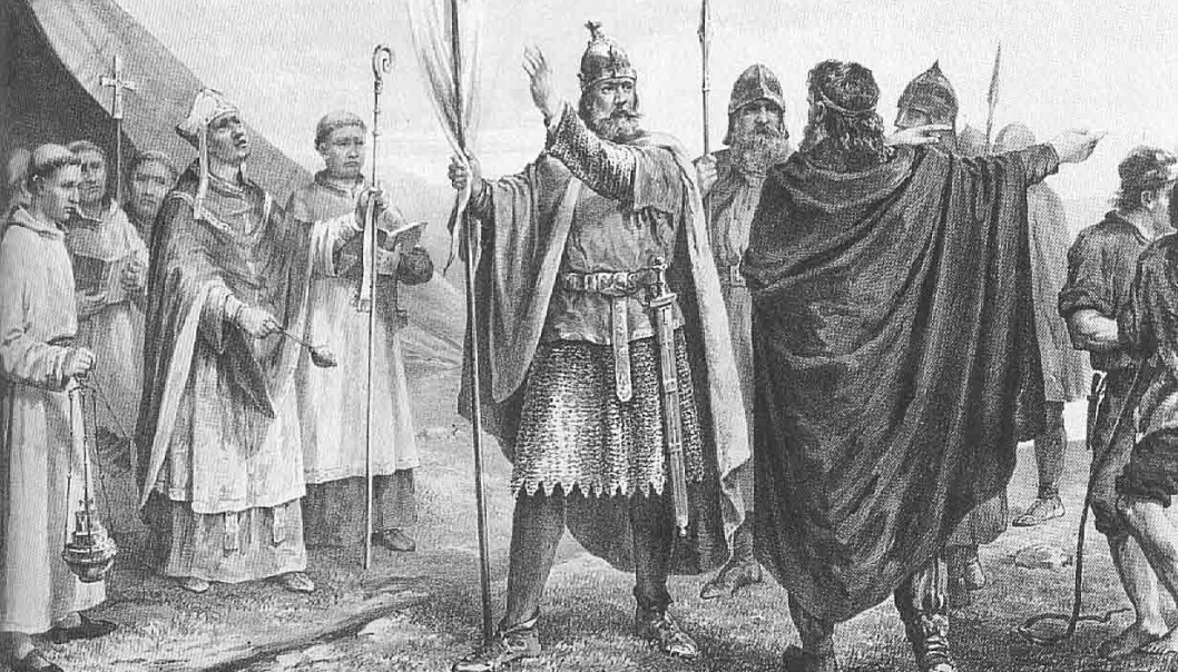 Slik så tegneren Peter Nicolai Arbo for seg at Olav Tryggvason så ut da han ble konge av Norge. Tryggvason skal ha tatt gisler mer enn en gang for å få gjennom sin vilje. (Bilde: Peter Nicolai Arbo) Slik så tegneren Peter Nicolai Arbo for seg at Olav Tryggvason så ut da han ble konge av Norge. Tryggvason skal ha tatt gisler mer enn en gang for å få gjennom sin vilje. (Bilde: Peter Nicolai Arbo)